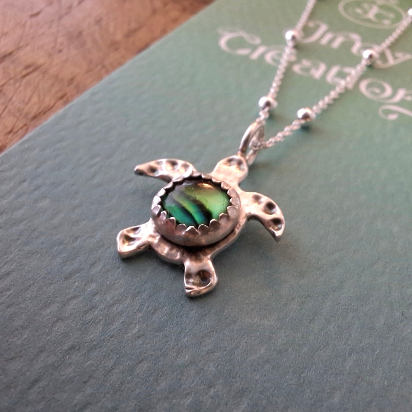 Turtle Charm Necklace Green Abalone Shell