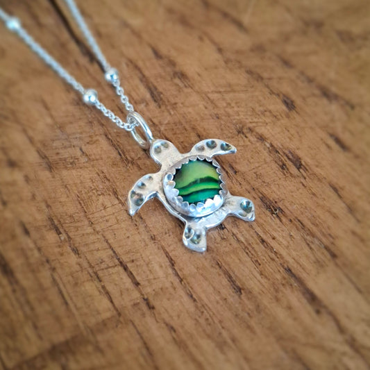 Turtle Charm Necklace Green Abalone Shell