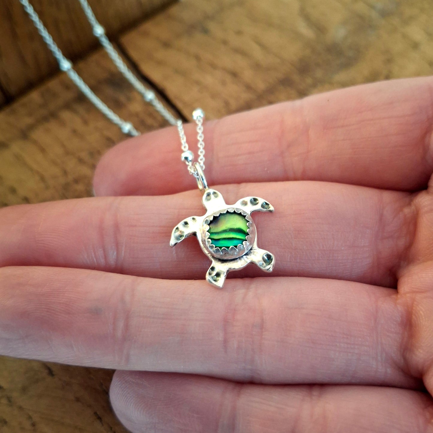 Turtle Charm Necklace Green Abalone Shell