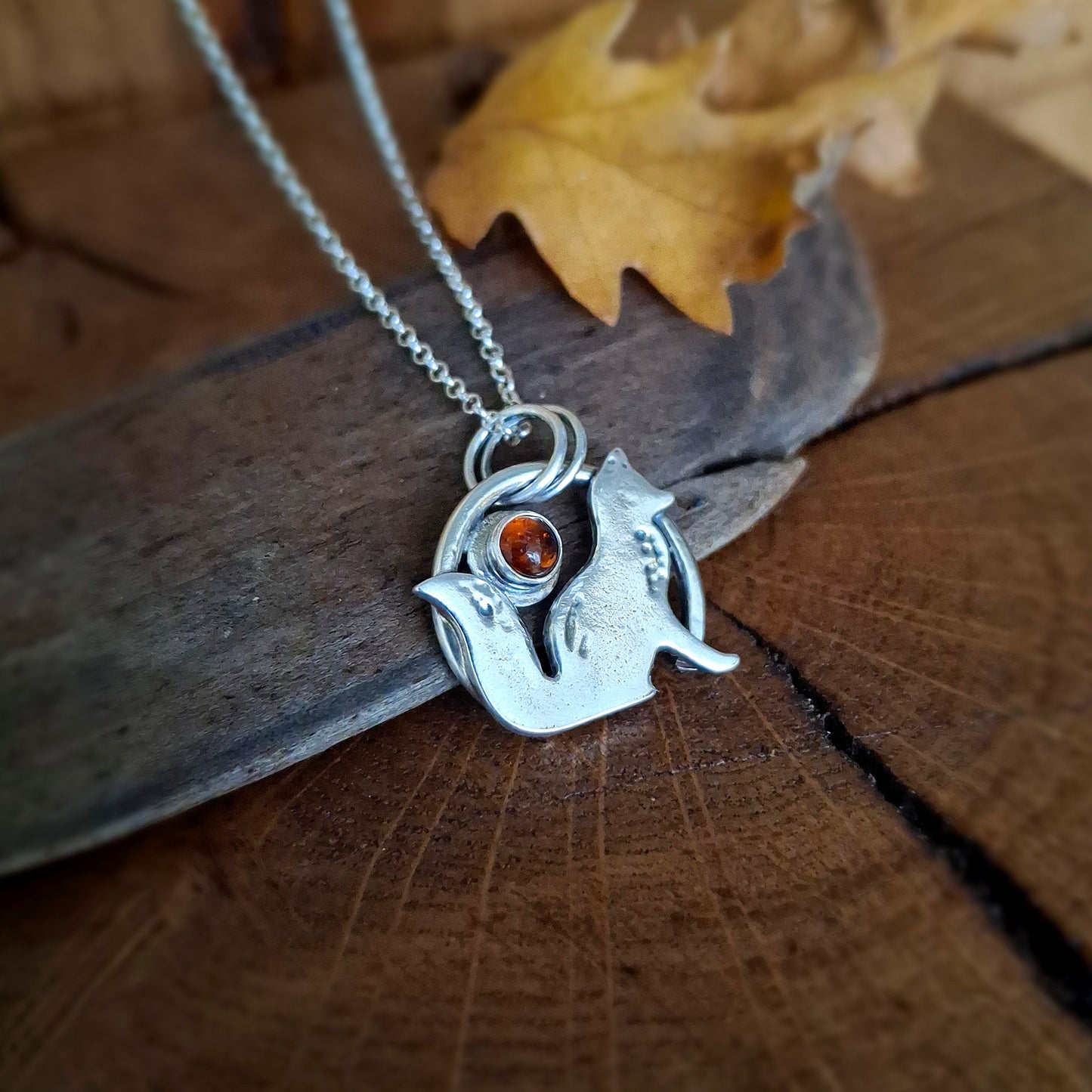 Handmade Silver Fox Necklace with Amber