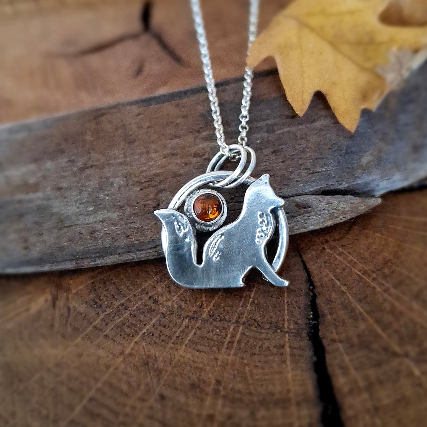 Handmade Silver Fox Necklace with Amber