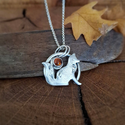 Handmade Silver Fox Necklace with Amber