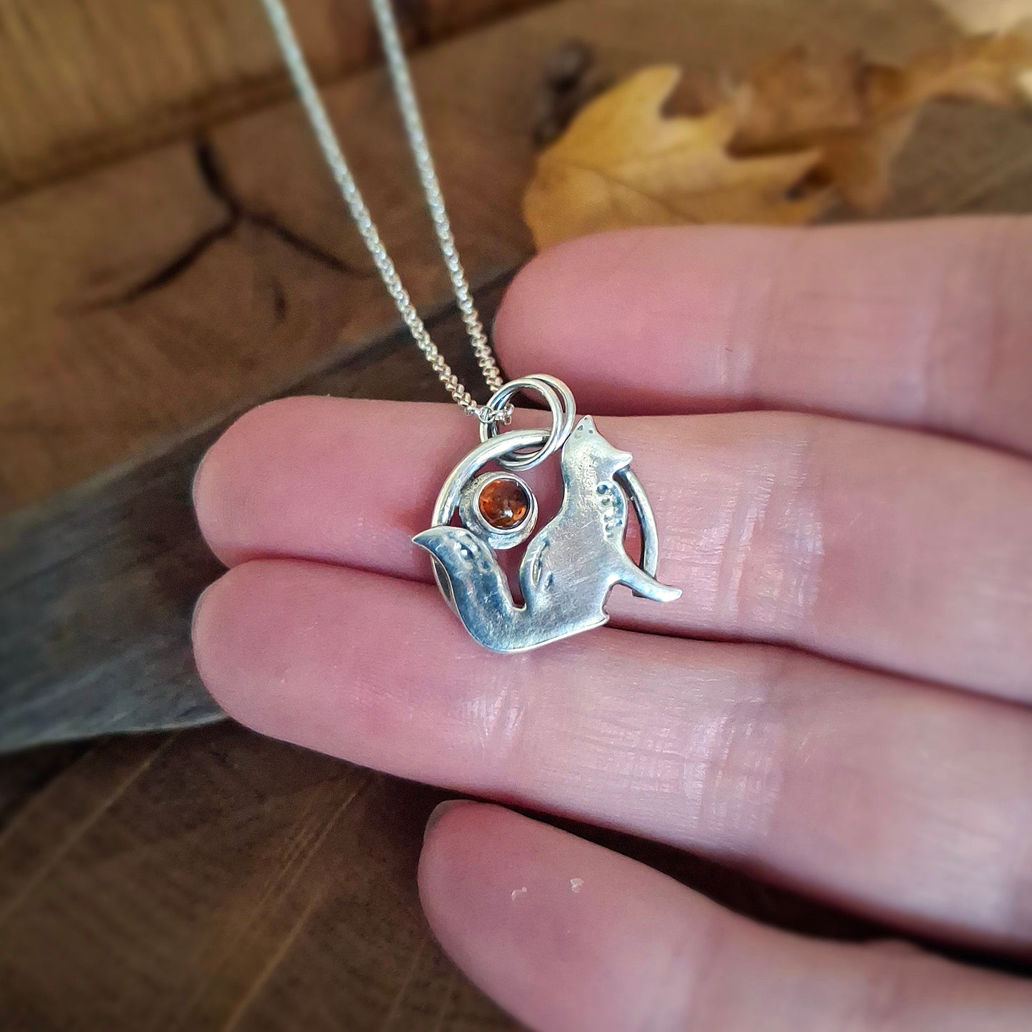 Handmade Silver Fox Necklace with Amber