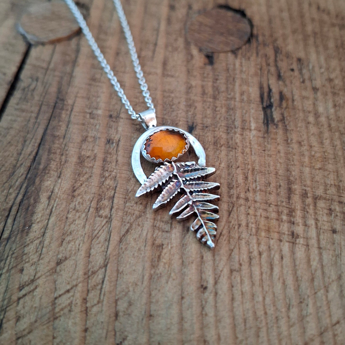 Handmade Silver Fern Leaf and Amber Necklace