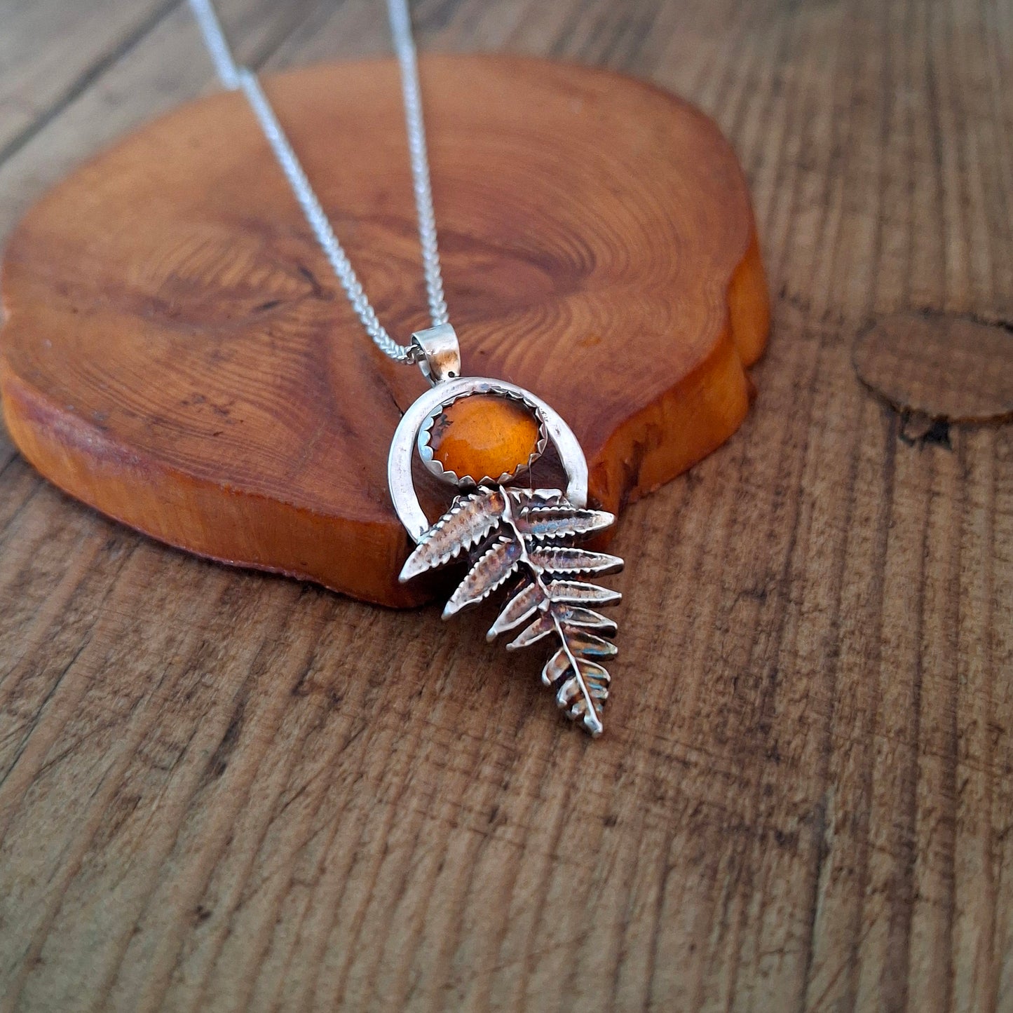 Handmade Silver Fern Leaf and Amber Necklace