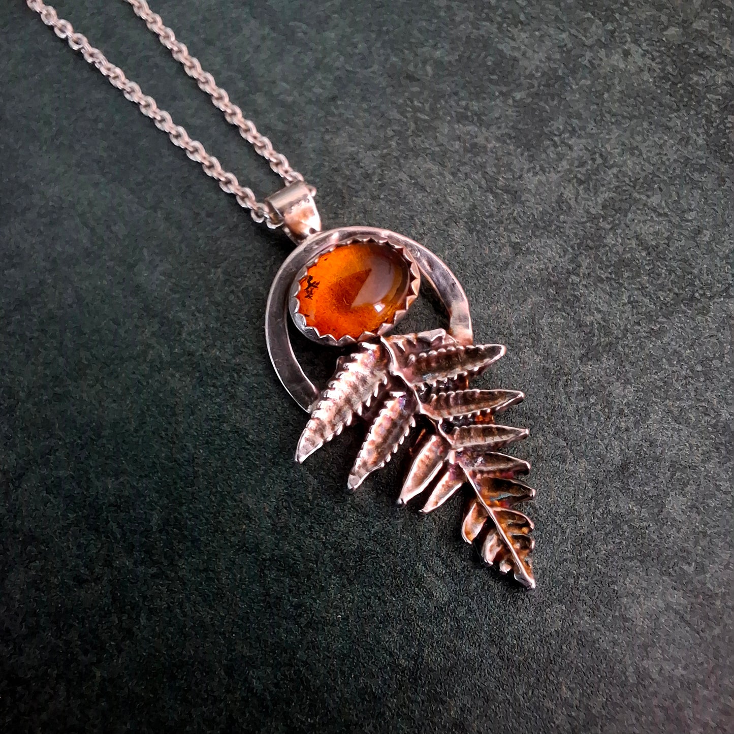 Handmade Silver Fern Leaf and Amber Necklace