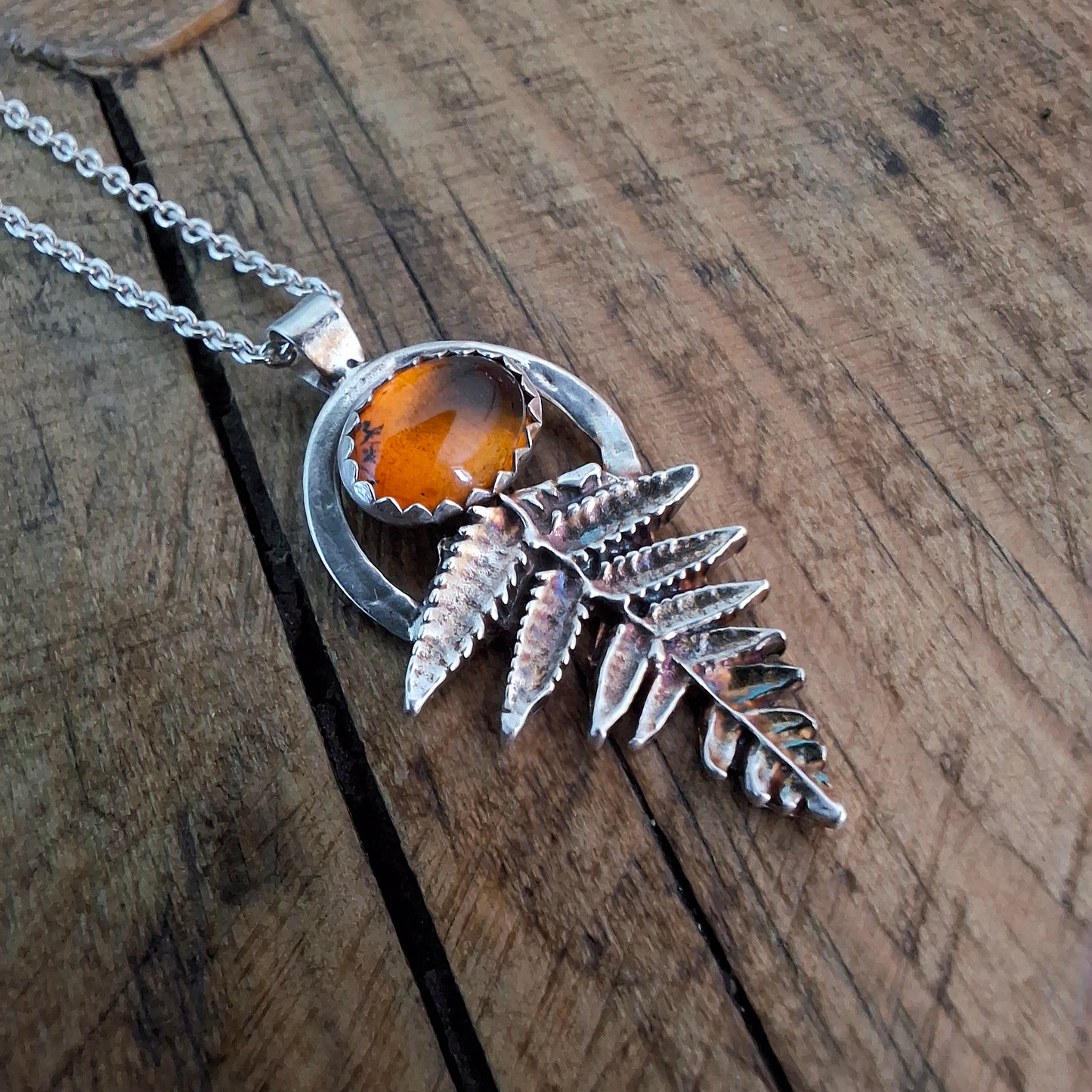 Handmade Silver Fern Leaf and Amber Necklace