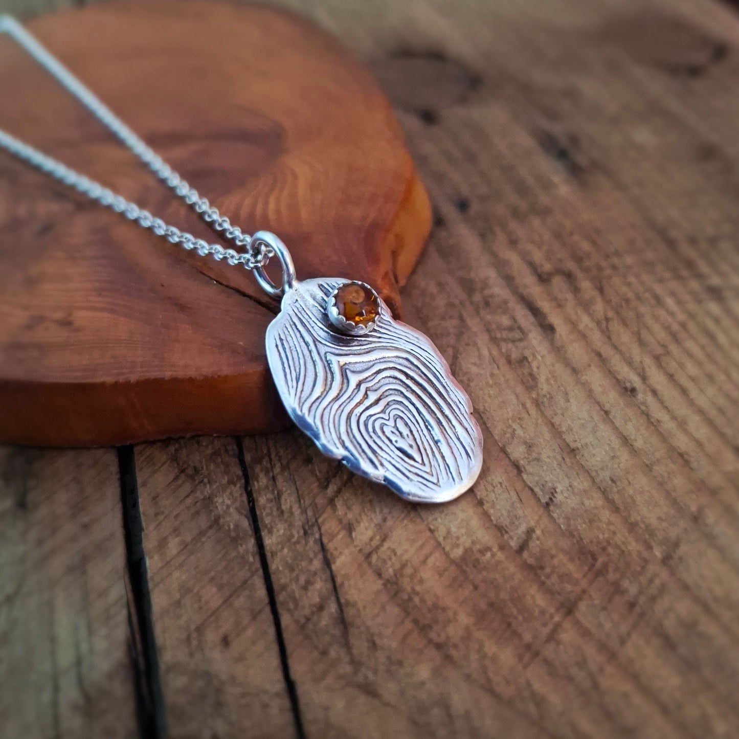 Silver Tree Bark Heart and Amber Handmade Necklace