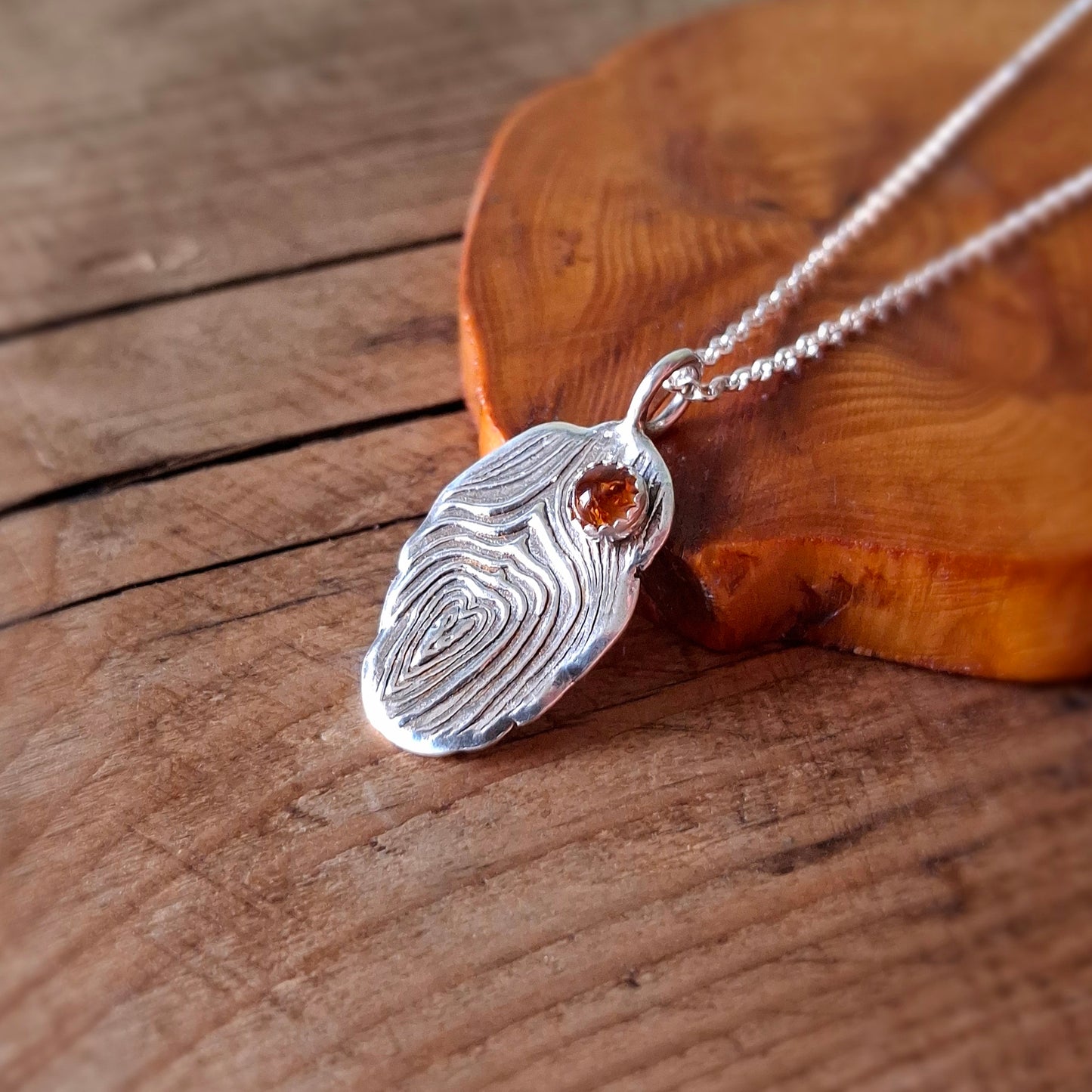 Silver Tree Bark Heart and Amber Handmade Necklace