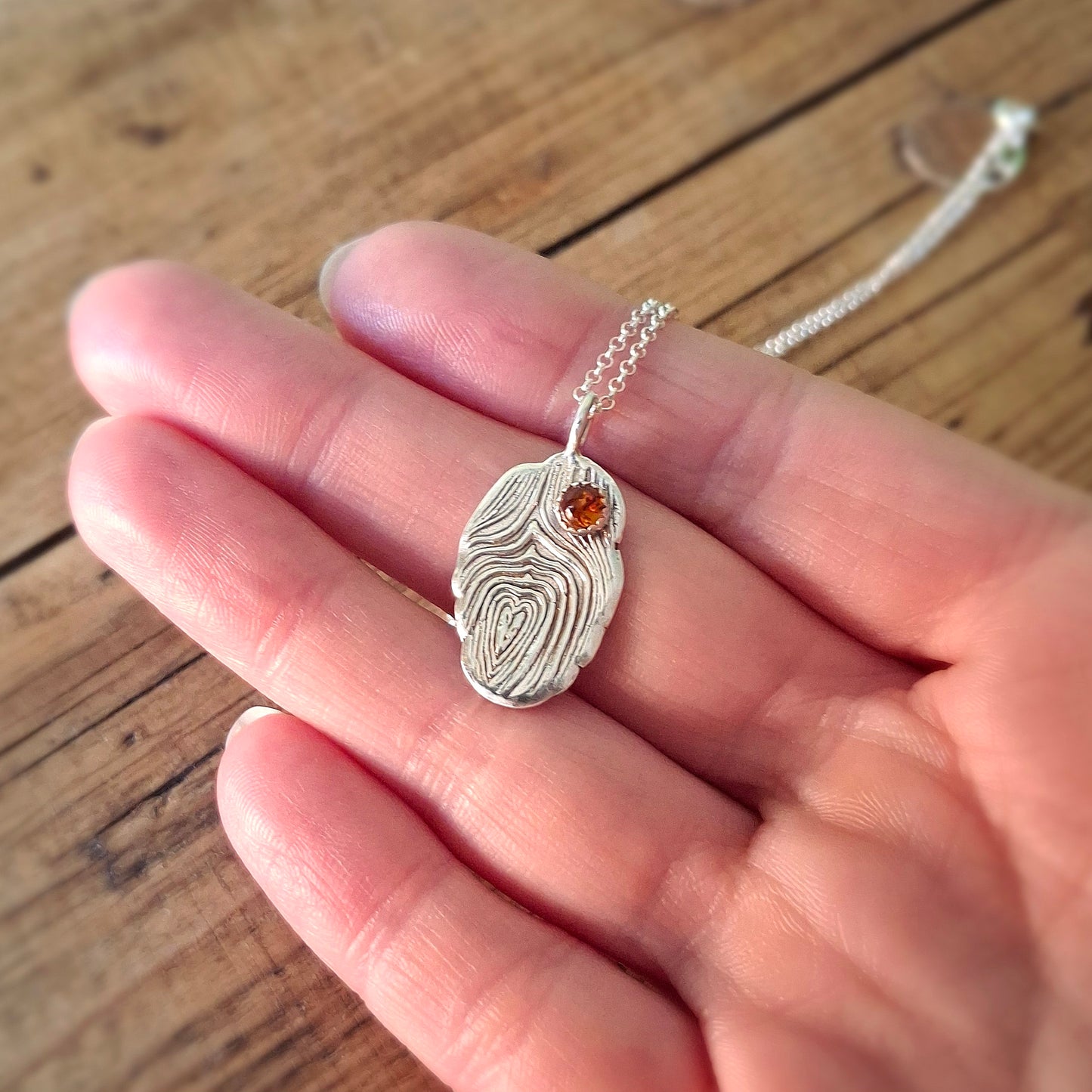 Silver Tree Bark Heart and Amber Handmade Necklace