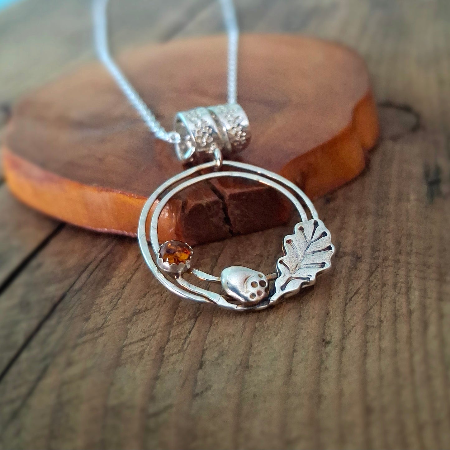 Handmade Oak Leaf & Acorn Wreath Silver Necklace with Amber