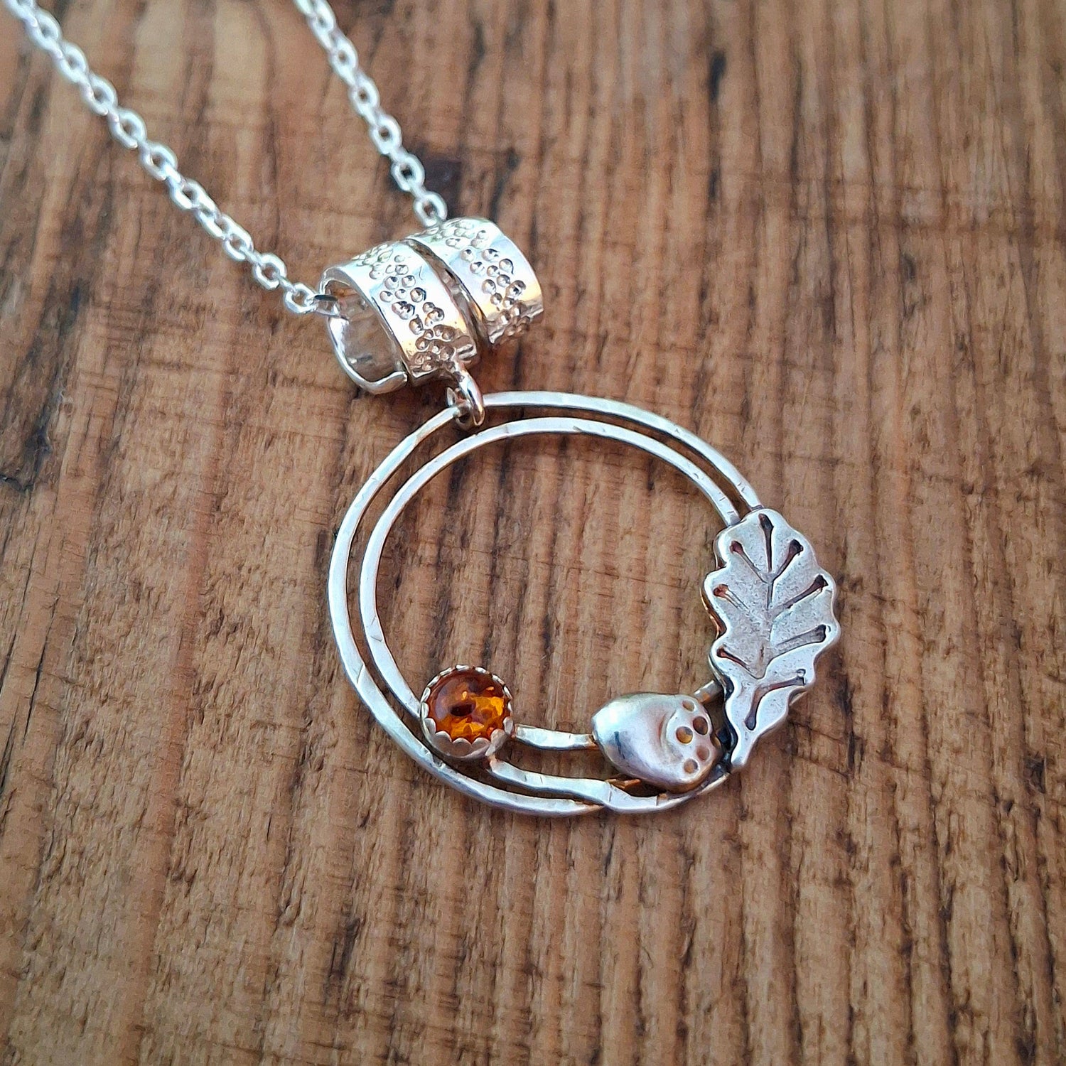 Handmade Oak Leaf & Acorn Wreath Silver Necklace with Amber