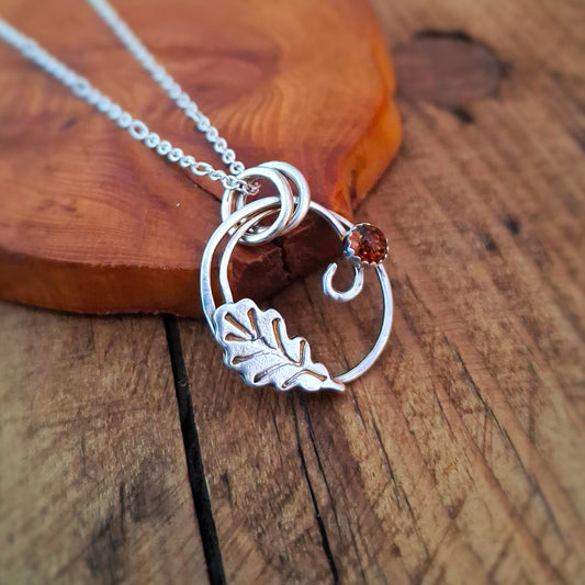 Handmade Oak Leaf Wreath Silver Necklace with Amber