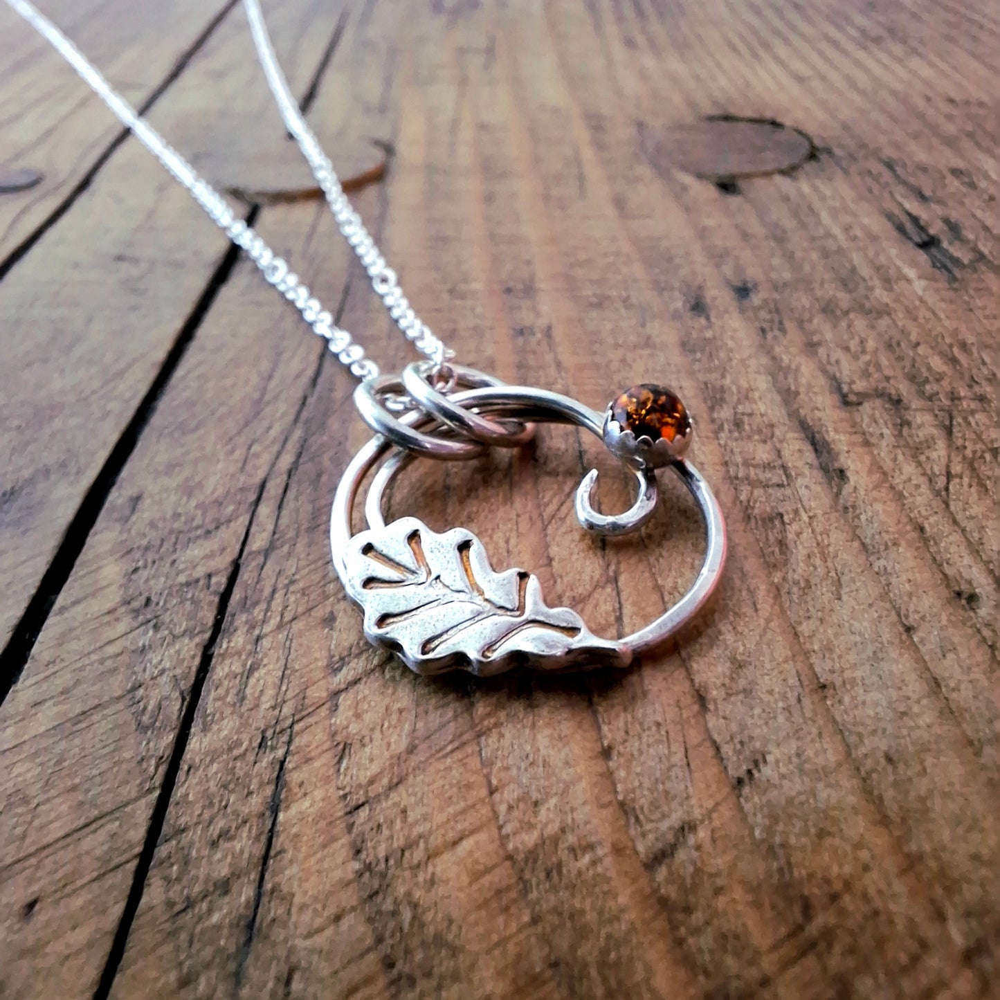 Handmade Oak Leaf Wreath Silver Necklace with Amber