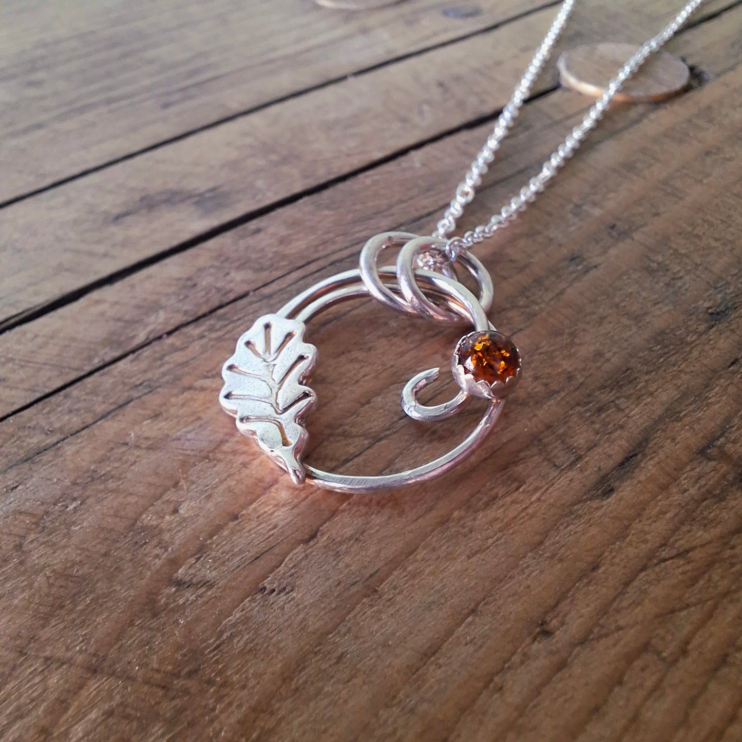 Handmade Oak Leaf Wreath Silver Necklace with Amber