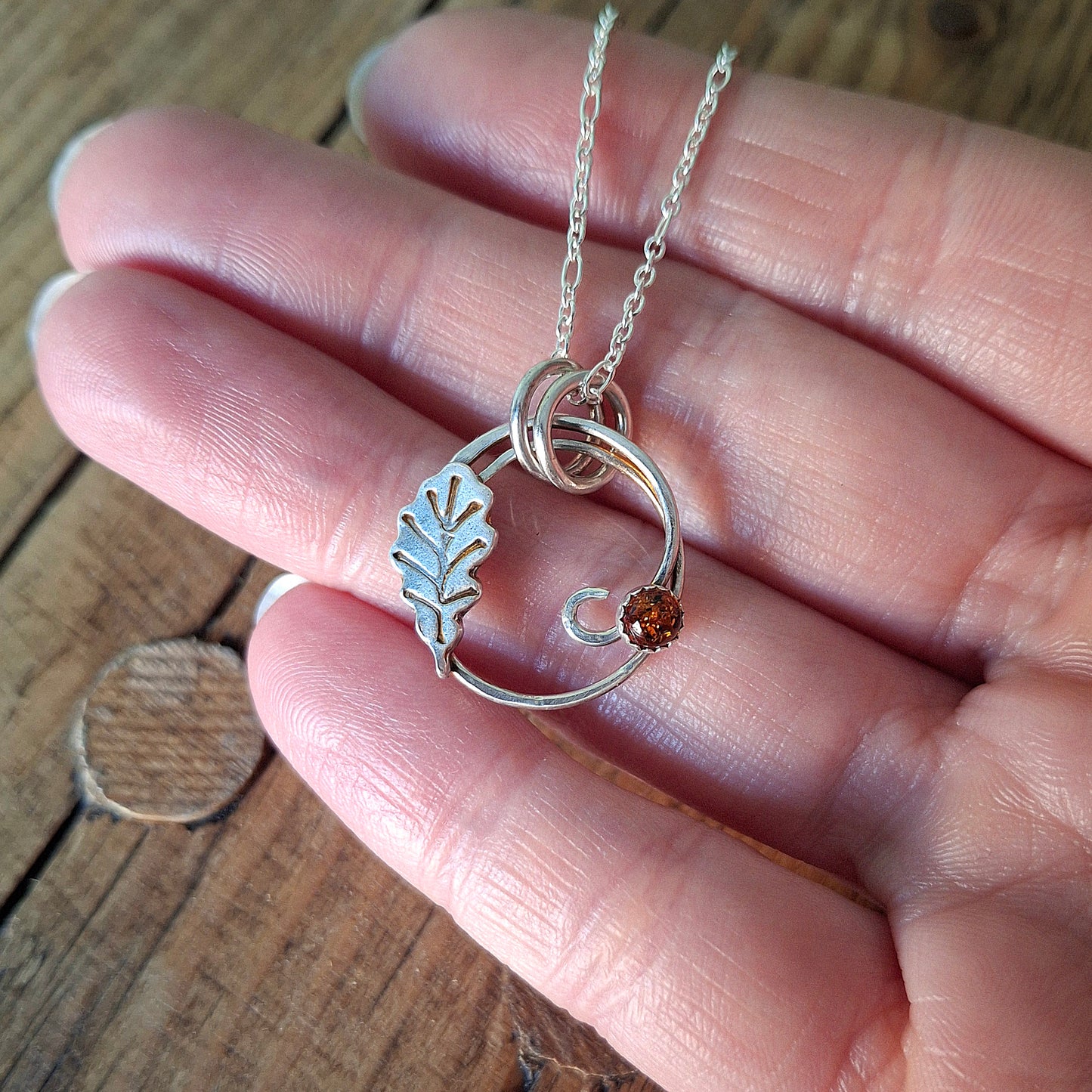 Handmade Oak Leaf Wreath Silver Necklace with Amber