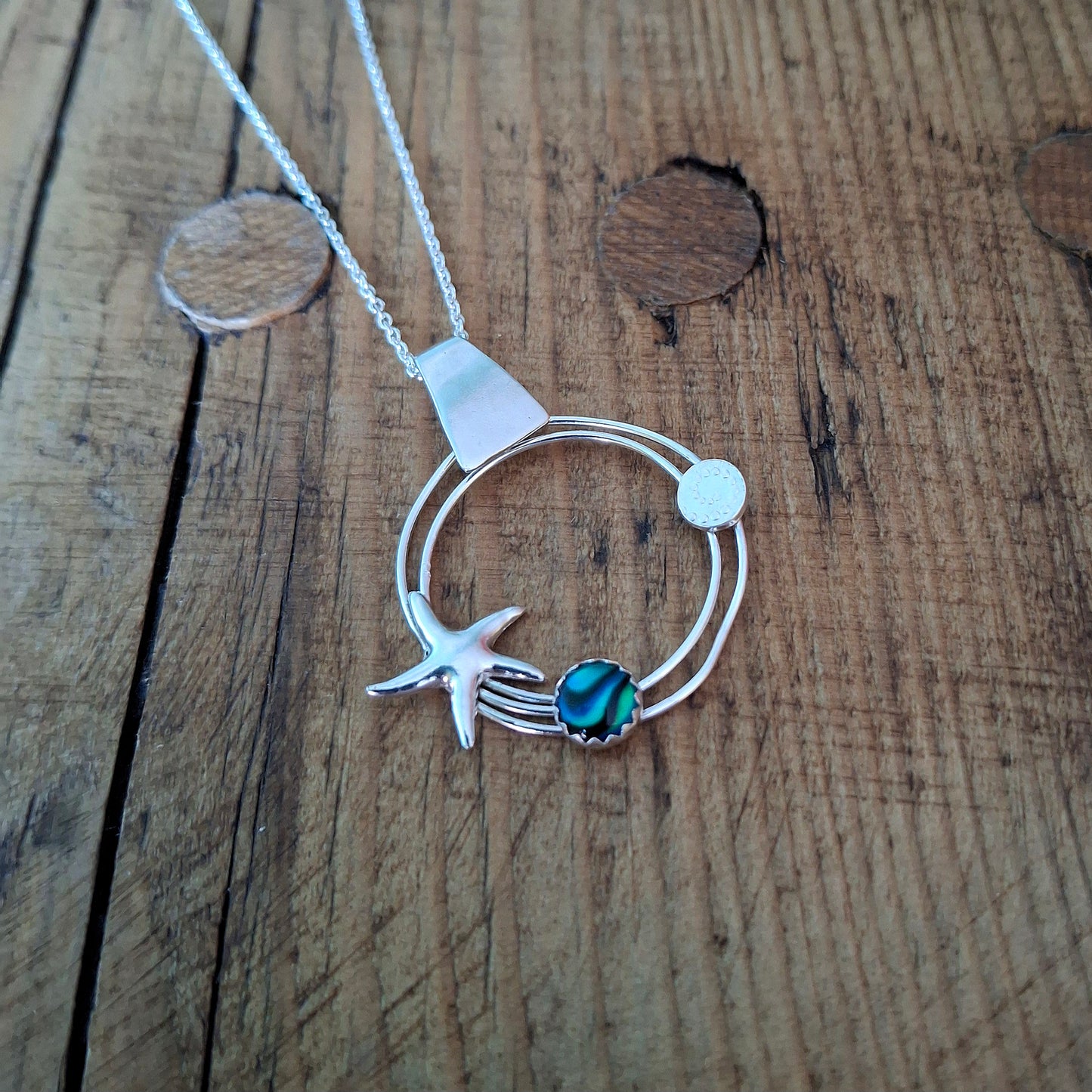 Handmade Silver Circle Ocean Pendant with Starfish & Abalone