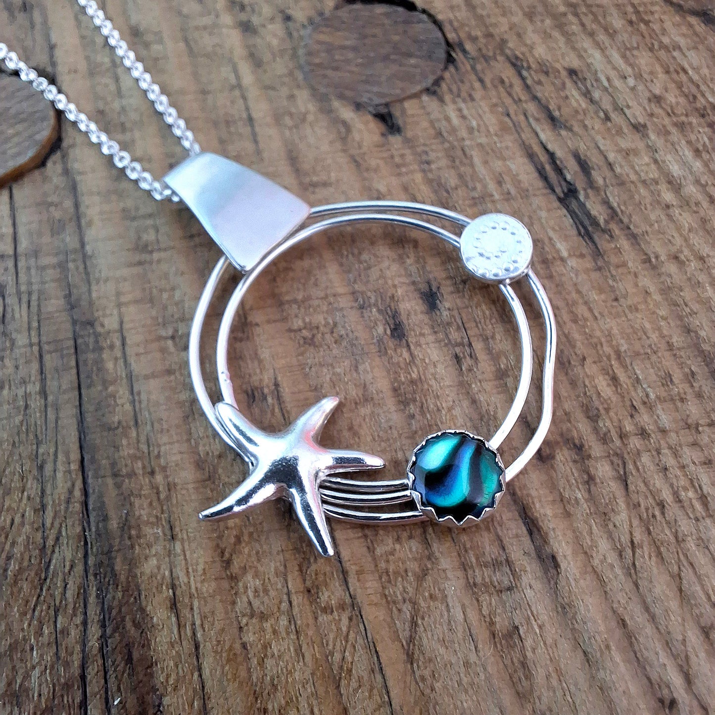 Handmade Silver Circle Ocean Pendant with Starfish & Abalone