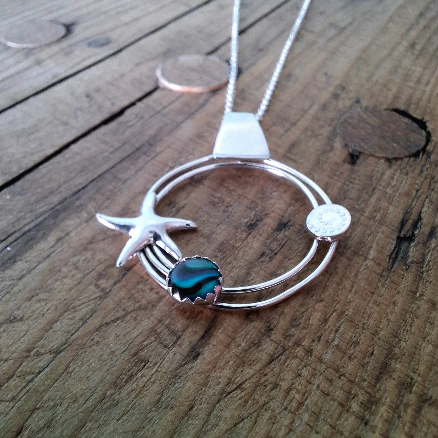 Handmade Silver Circle Ocean Pendant with Starfish & Abalone