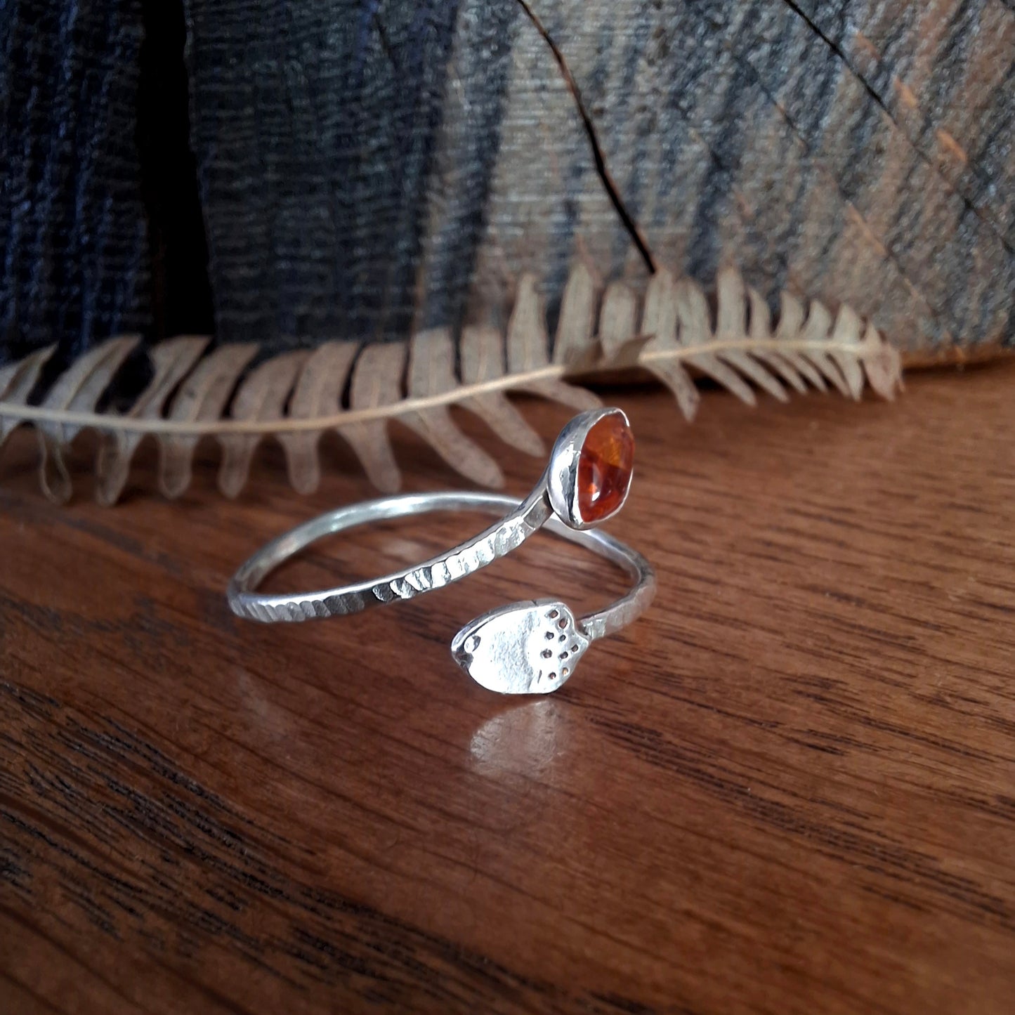 Handmade Adjustable Acorn & Amber Leaf Silver Ring