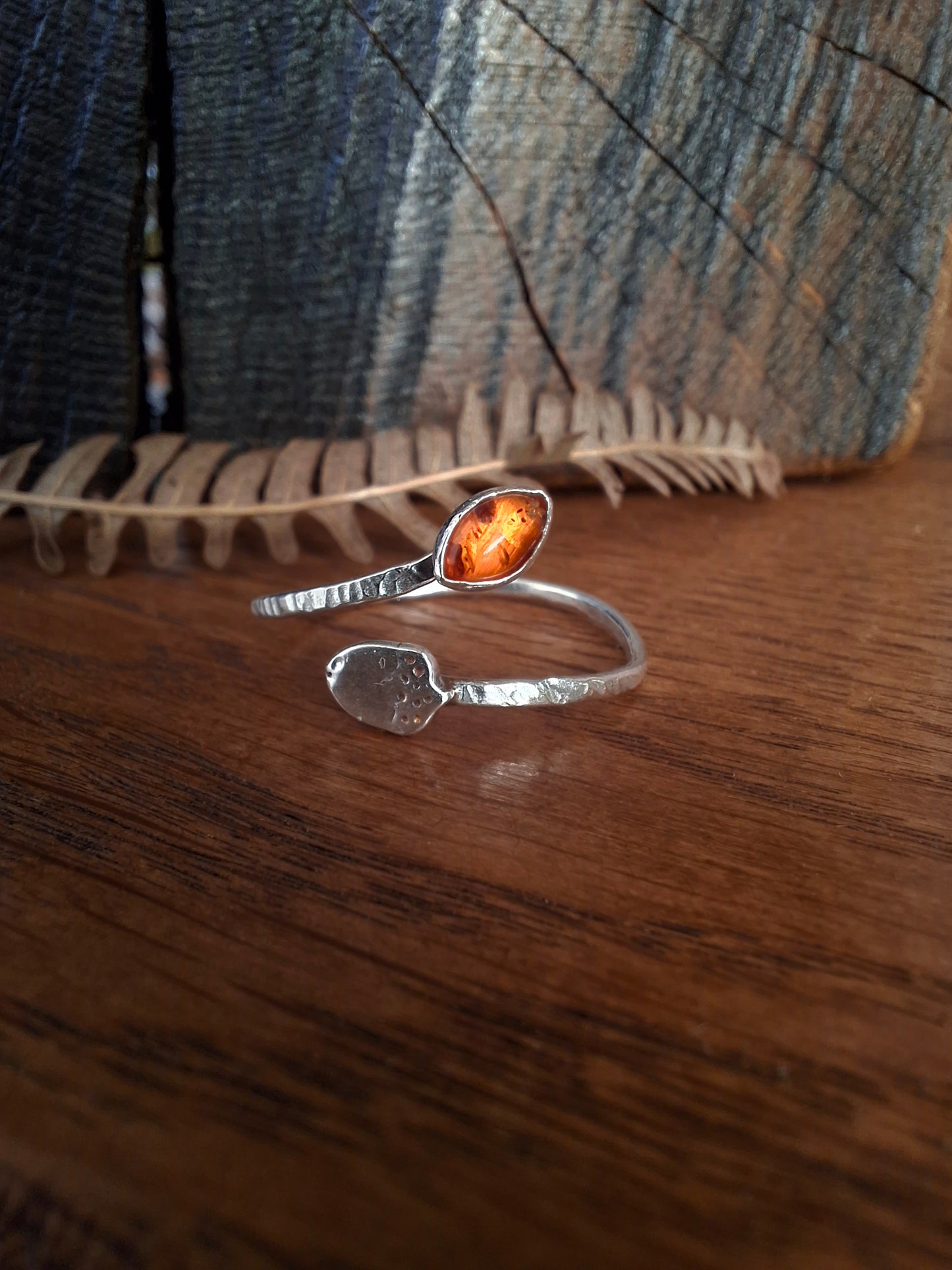 Handmade Adjustable Acorn & Amber Leaf Silver Ring