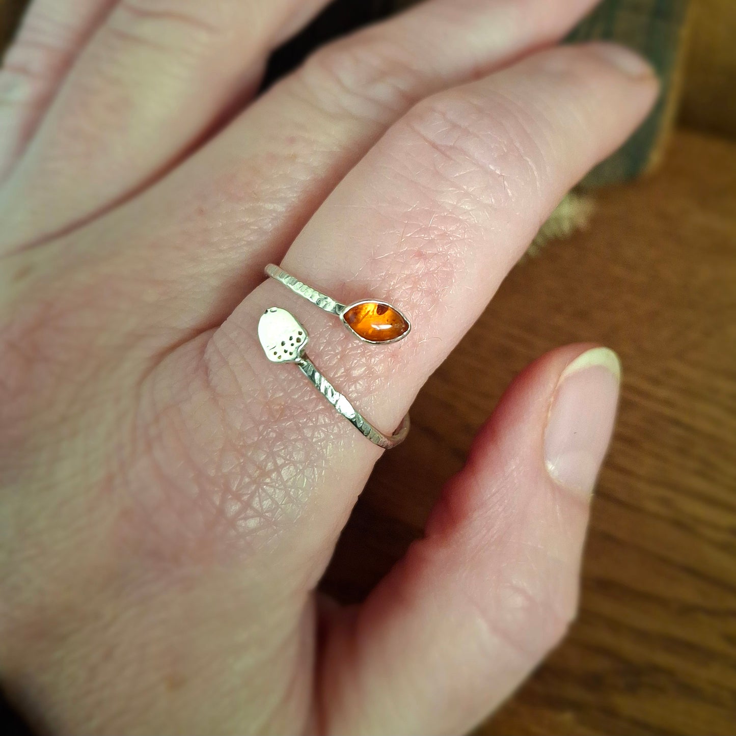Handmade Adjustable Acorn & Amber Leaf Silver Ring