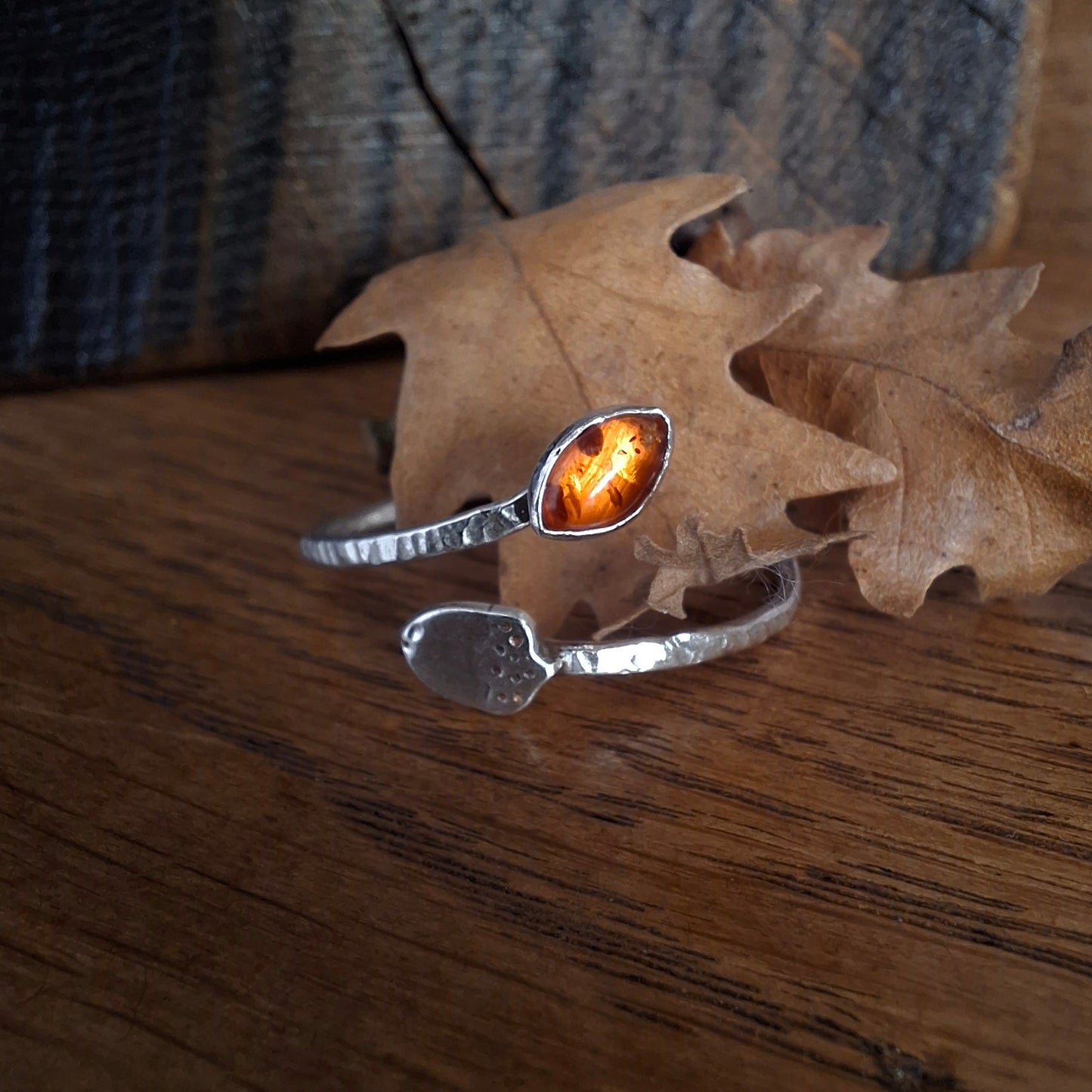 Handmade Adjustable Acorn & Amber Leaf Silver Ring