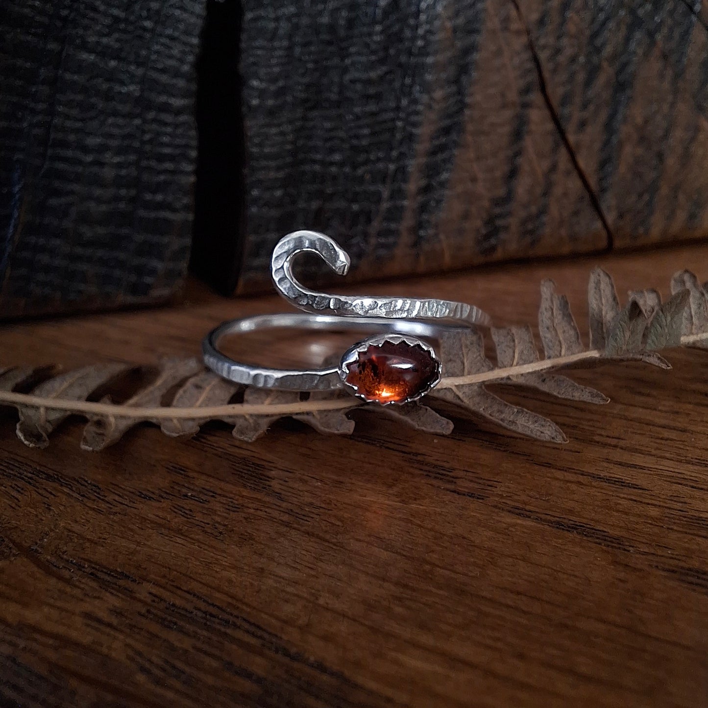 Handmade Adjustable Amber Swirl Silver Ring