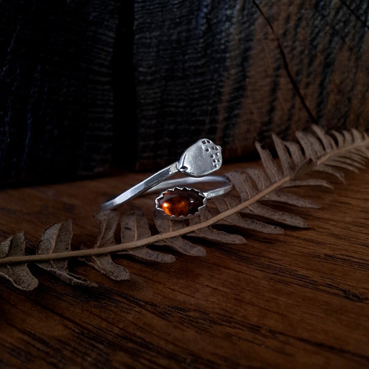 Handmade Adjustable Acorn & Amber Silver Ring