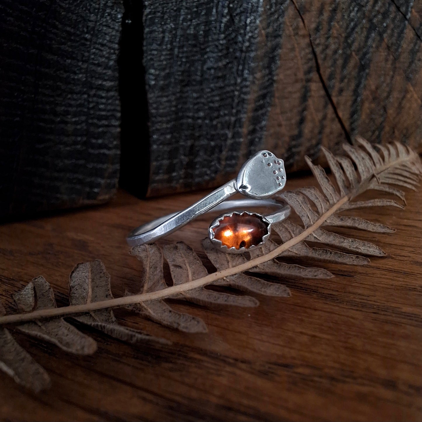 Handmade Adjustable Acorn & Amber Silver Ring