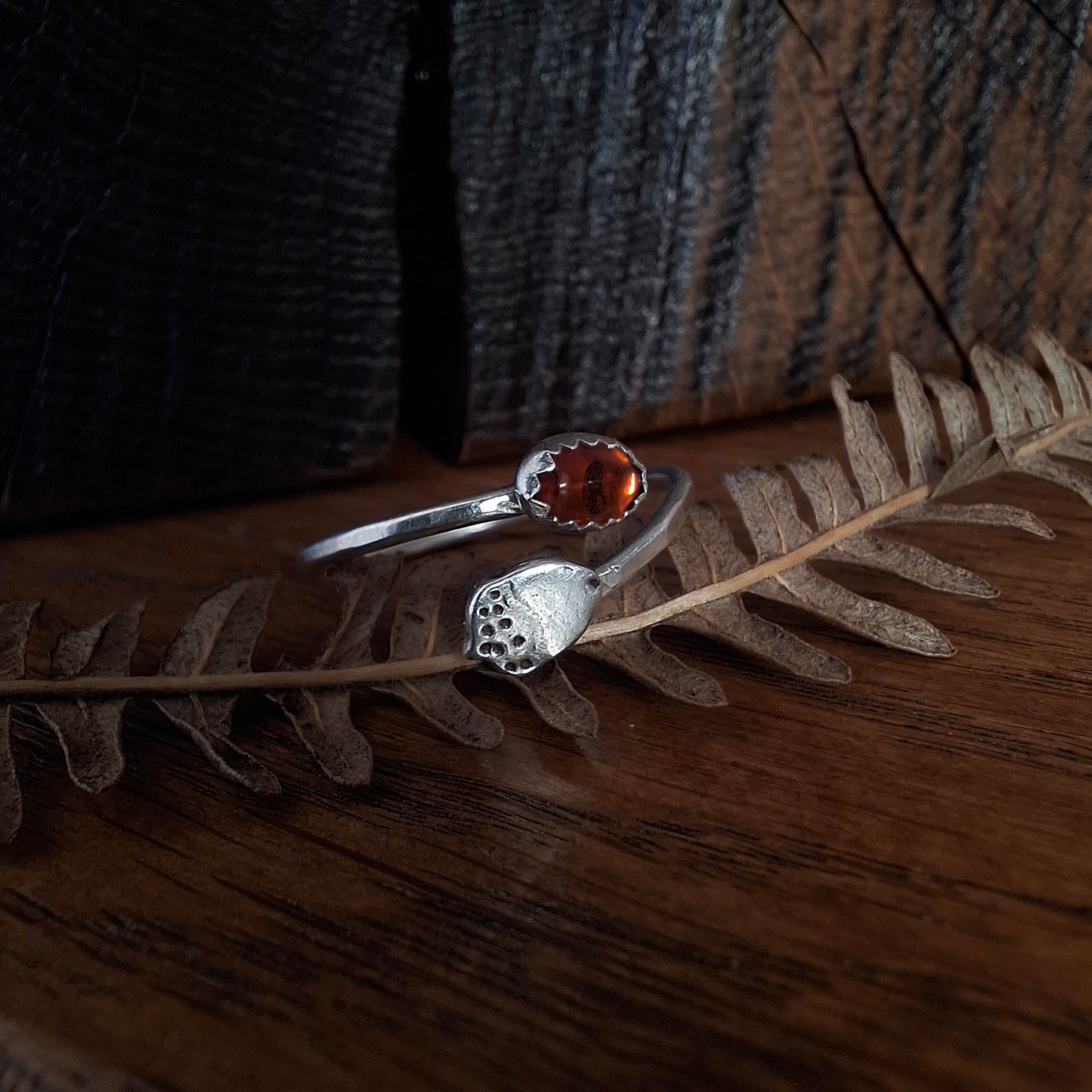 Handmade Adjustable Acorn & Amber Silver Ring