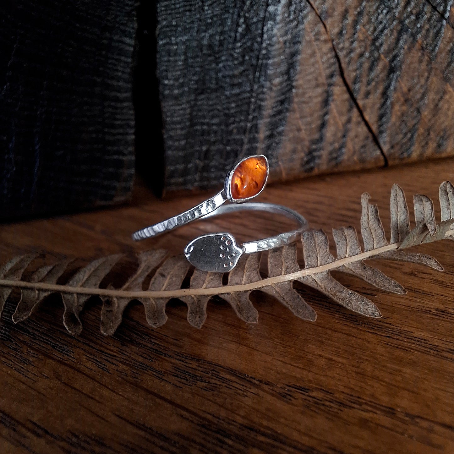 Handmade Adjustable Acorn & Amber Leaf Silver Ring