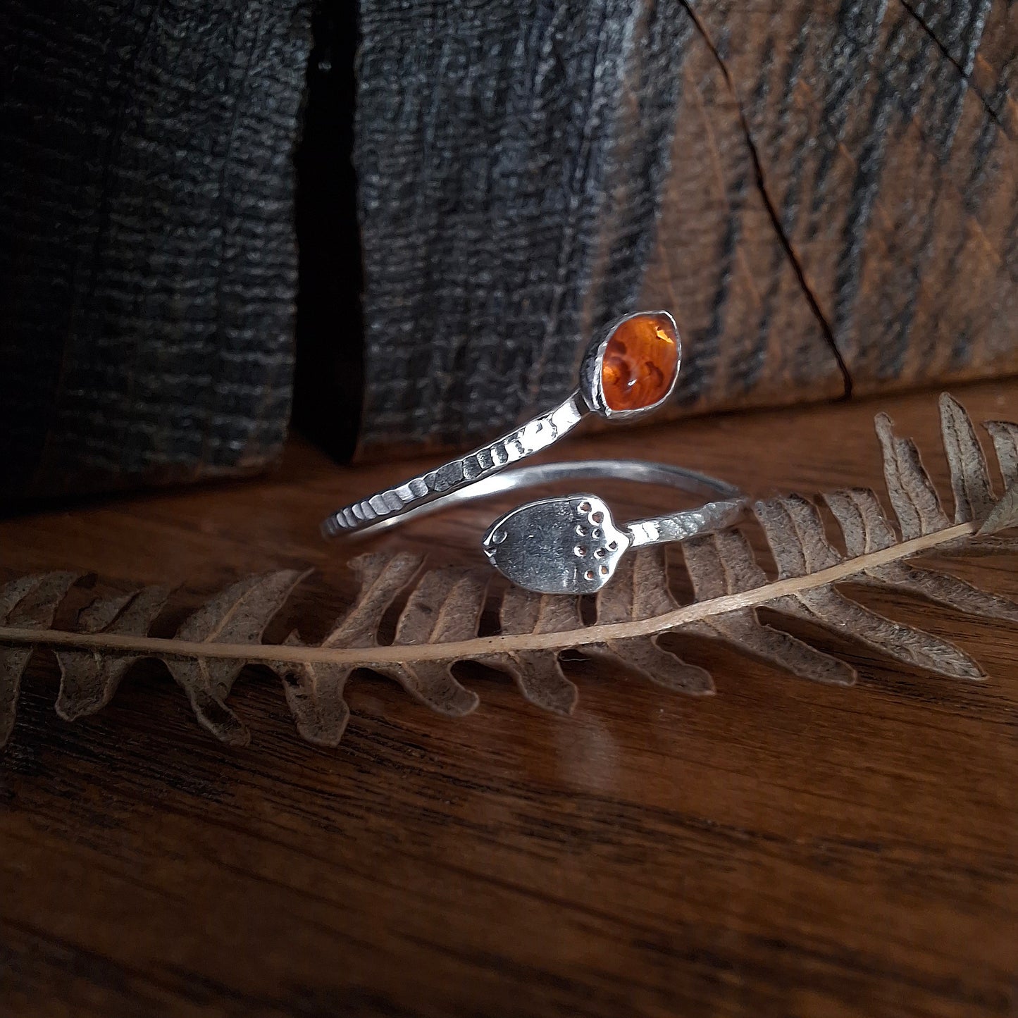 Handmade Adjustable Acorn & Amber Leaf Silver Ring