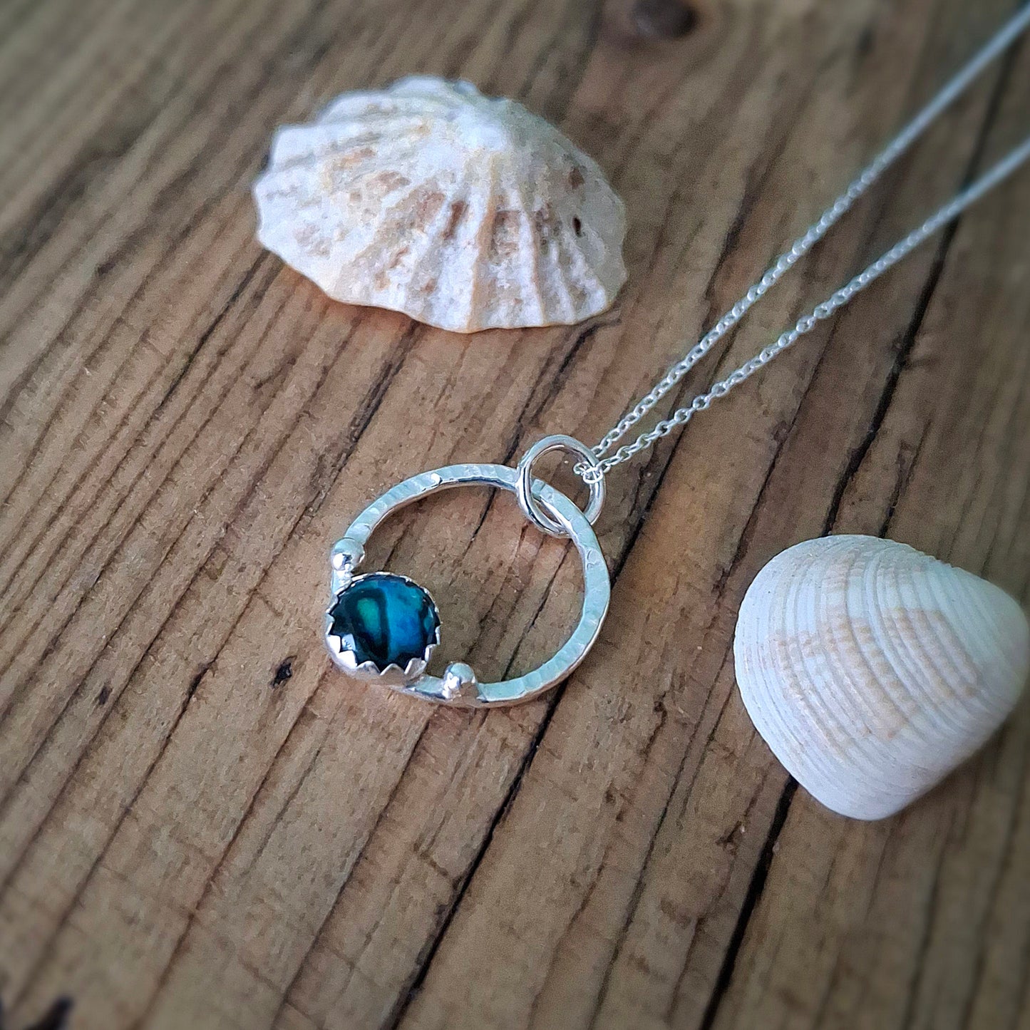 Small Handmade Silver Circle Seaside Pendant with Abalone