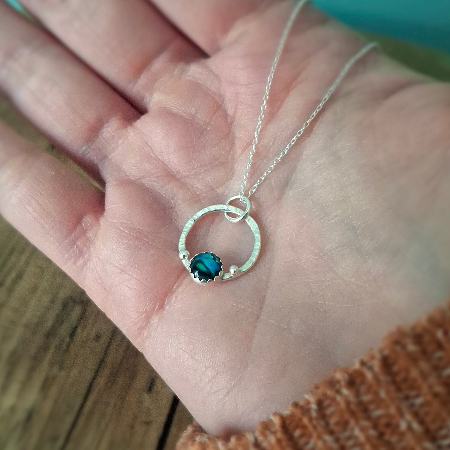 Small Handmade Silver Circle Seaside Pendant with Abalone