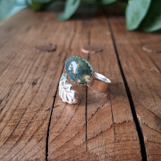 Handmade Oak Leaf Statement Ring with Moss Agate, Open Adjustable