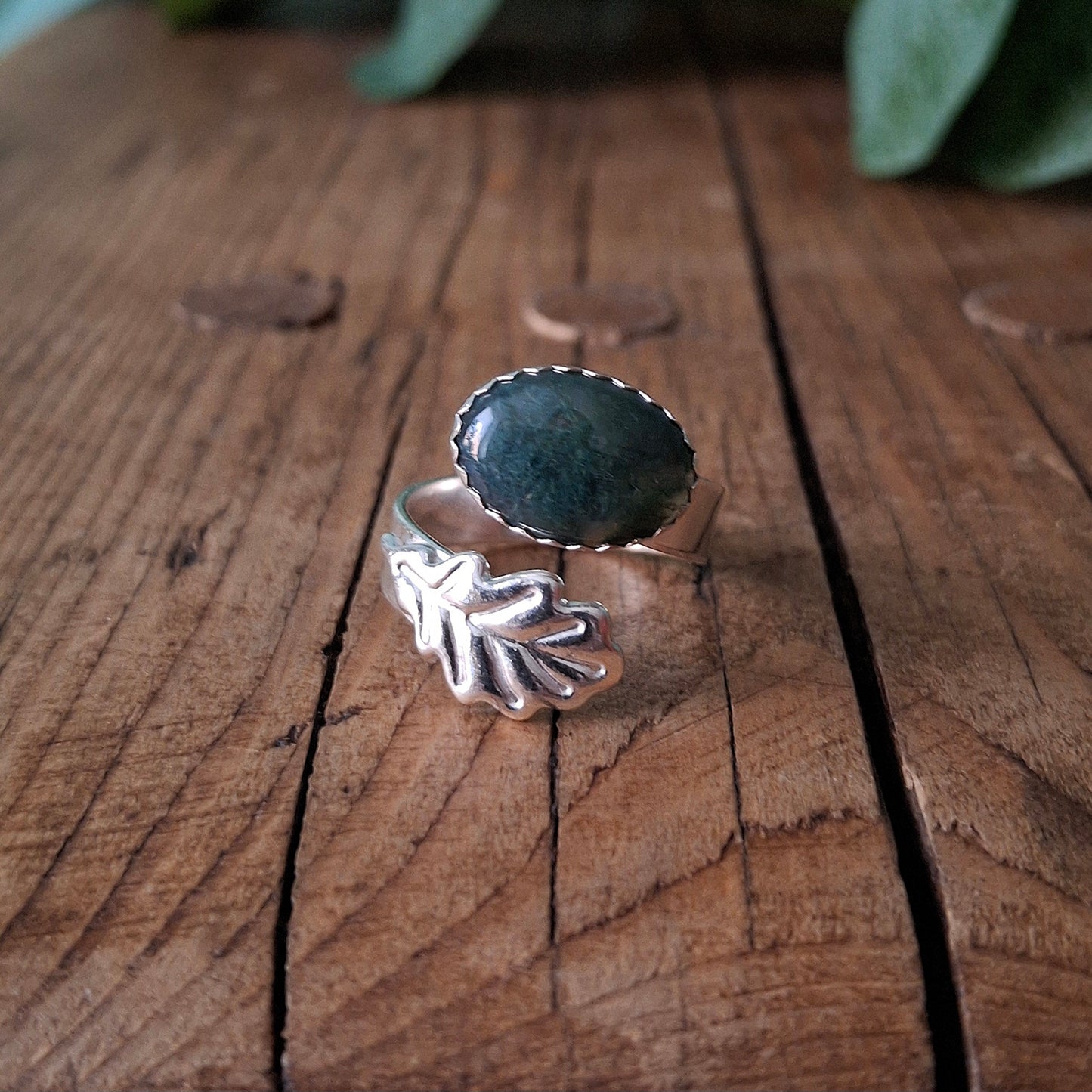 Handmade Oak Leaf Statement Ring with Moss Agate, Open Adjustable