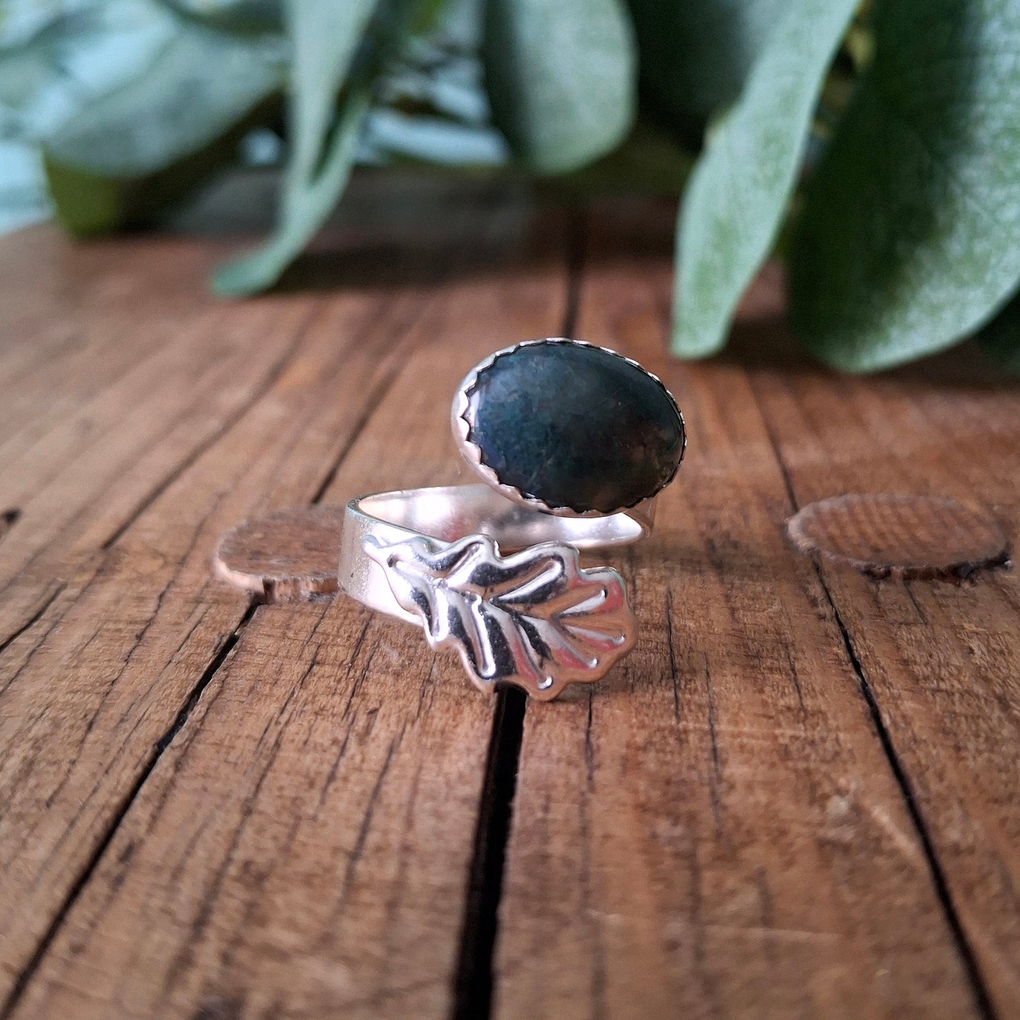Handmade Oak Leaf Statement Ring with Moss Agate, Open Adjustable