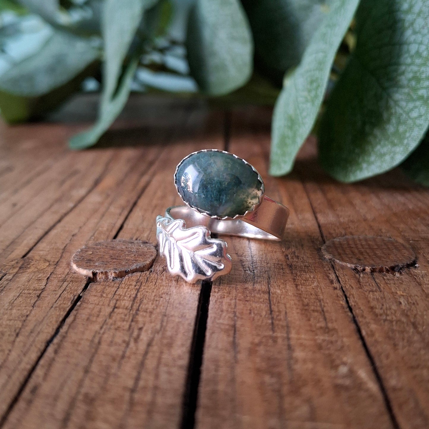 Handmade Oak Leaf Statement Ring with Moss Agate, Open Adjustable