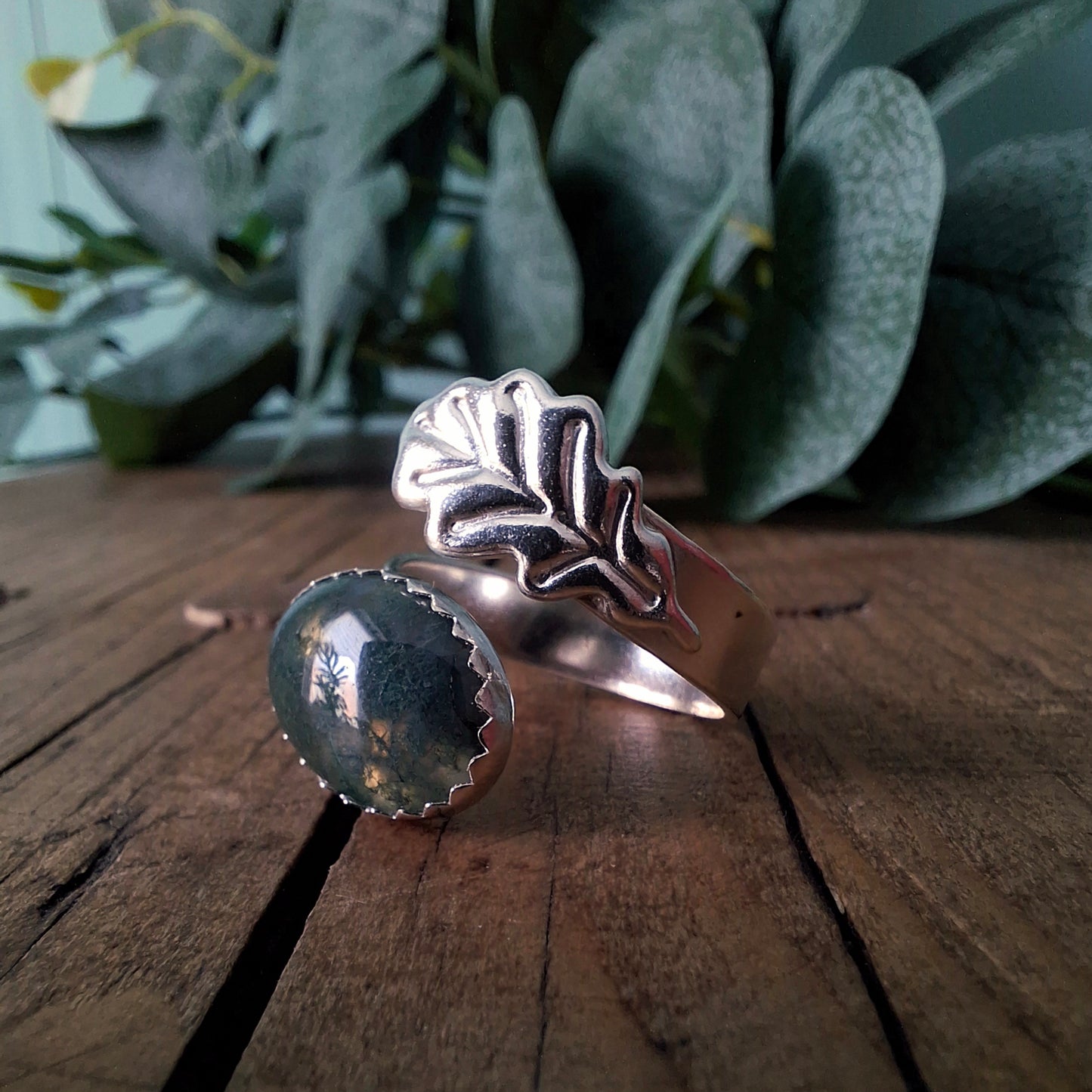 Handmade Oak Leaf Statement Ring with Moss Agate, Open Adjustable