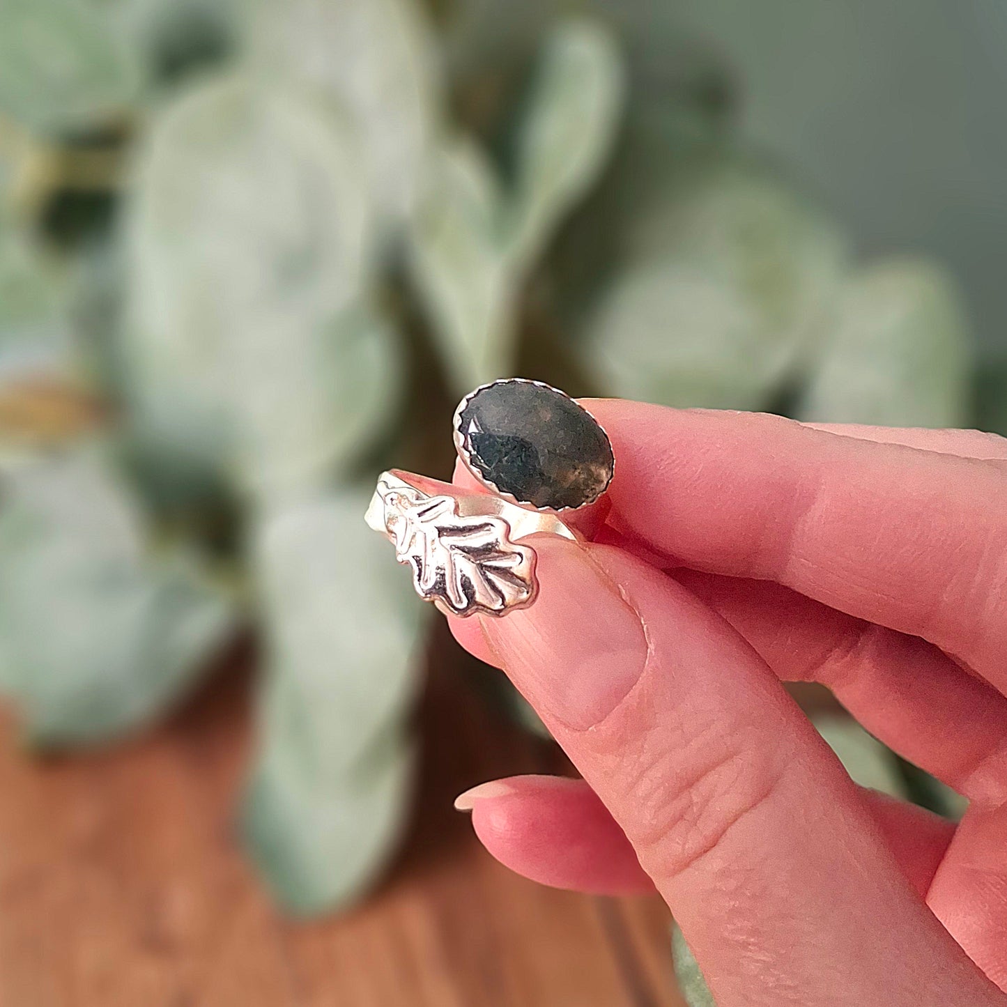 Handmade Oak Leaf Statement Ring with Moss Agate, Open Adjustable