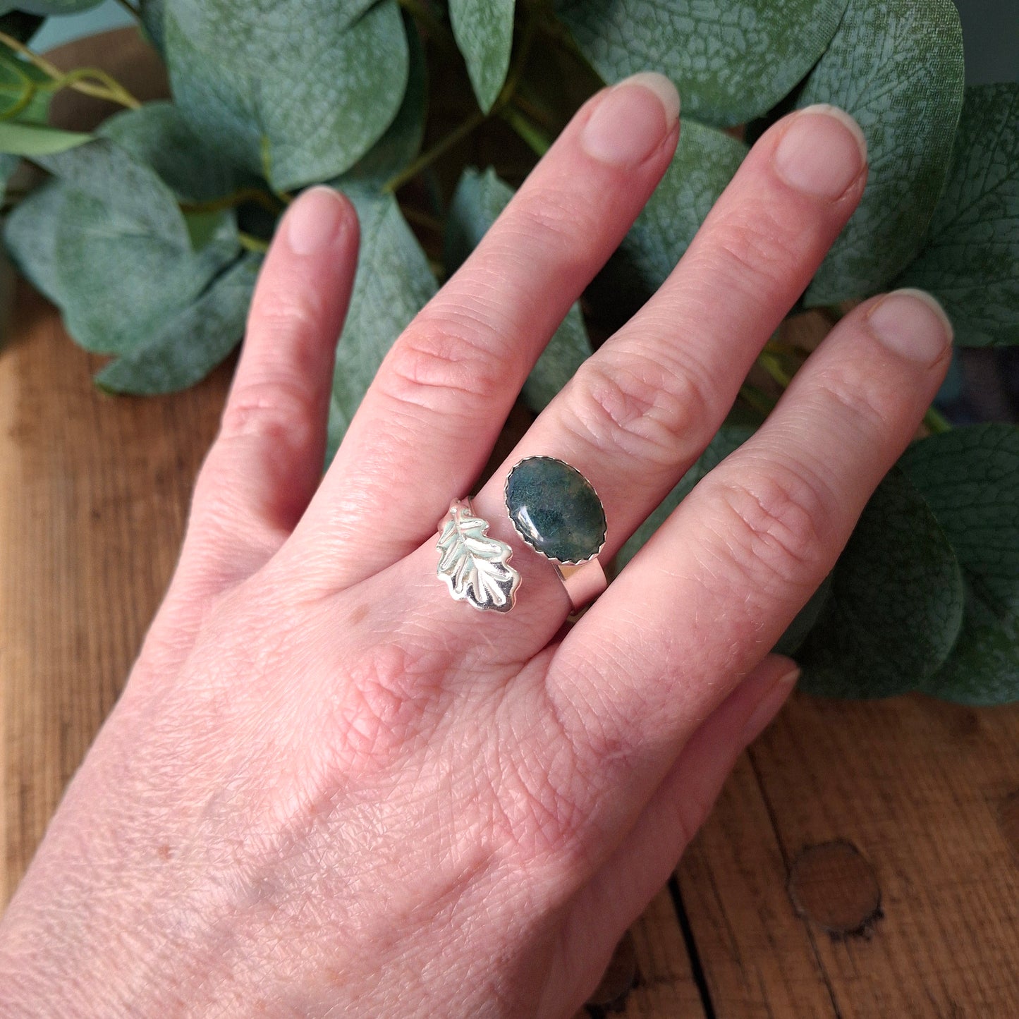 Handmade Oak Leaf Statement Ring with Moss Agate, Open Adjustable