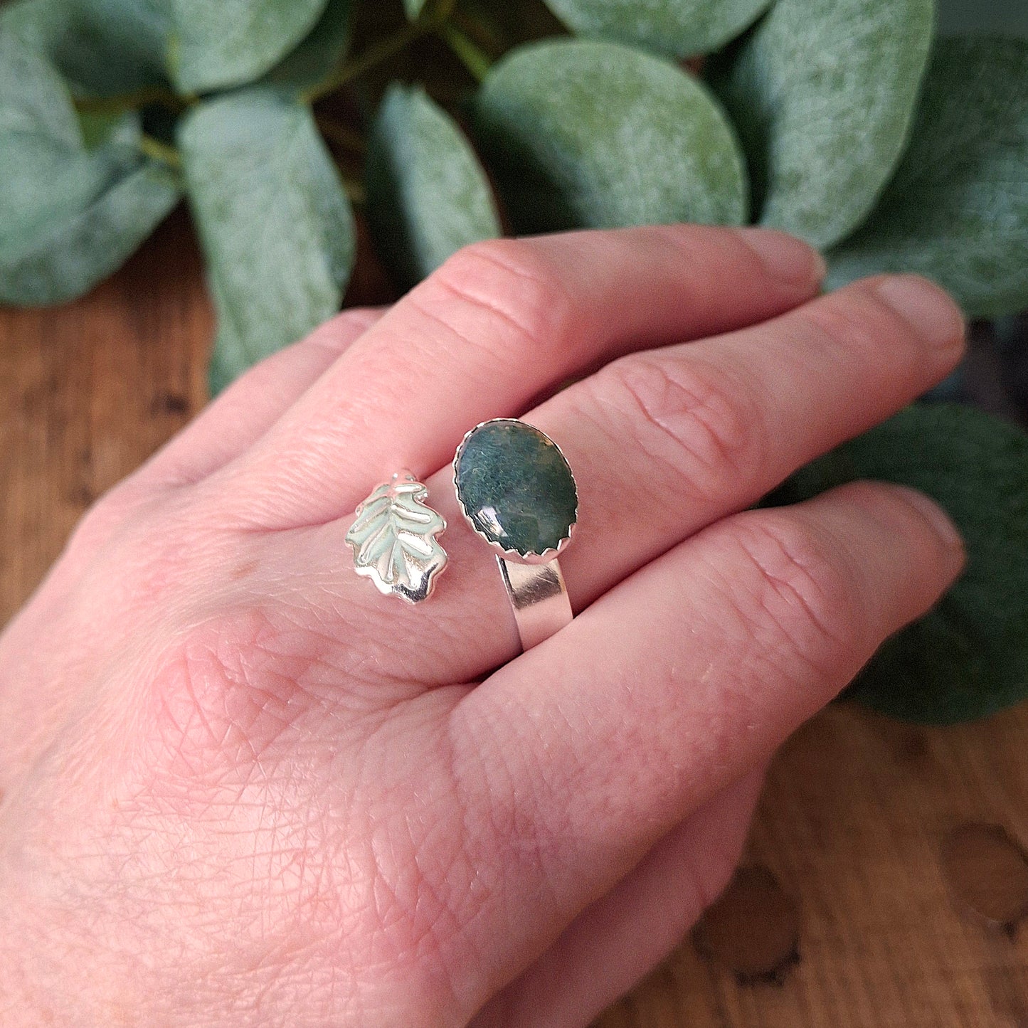 Handmade Oak Leaf Statement Ring with Moss Agate, Open Adjustable