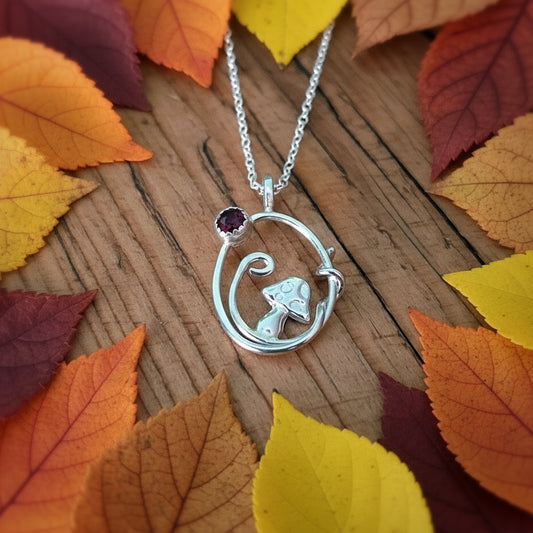 Handmade Mushroom and Vine Silver Necklace with Garnet