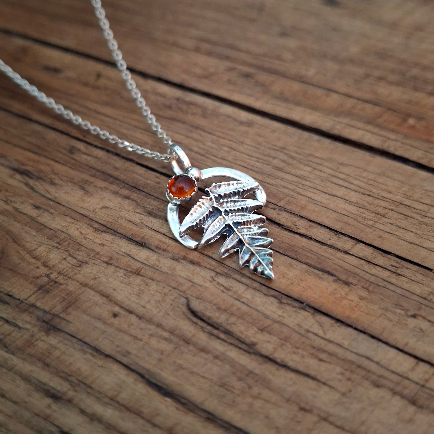 Handmade Silver Fern Leaf and Amber Necklace