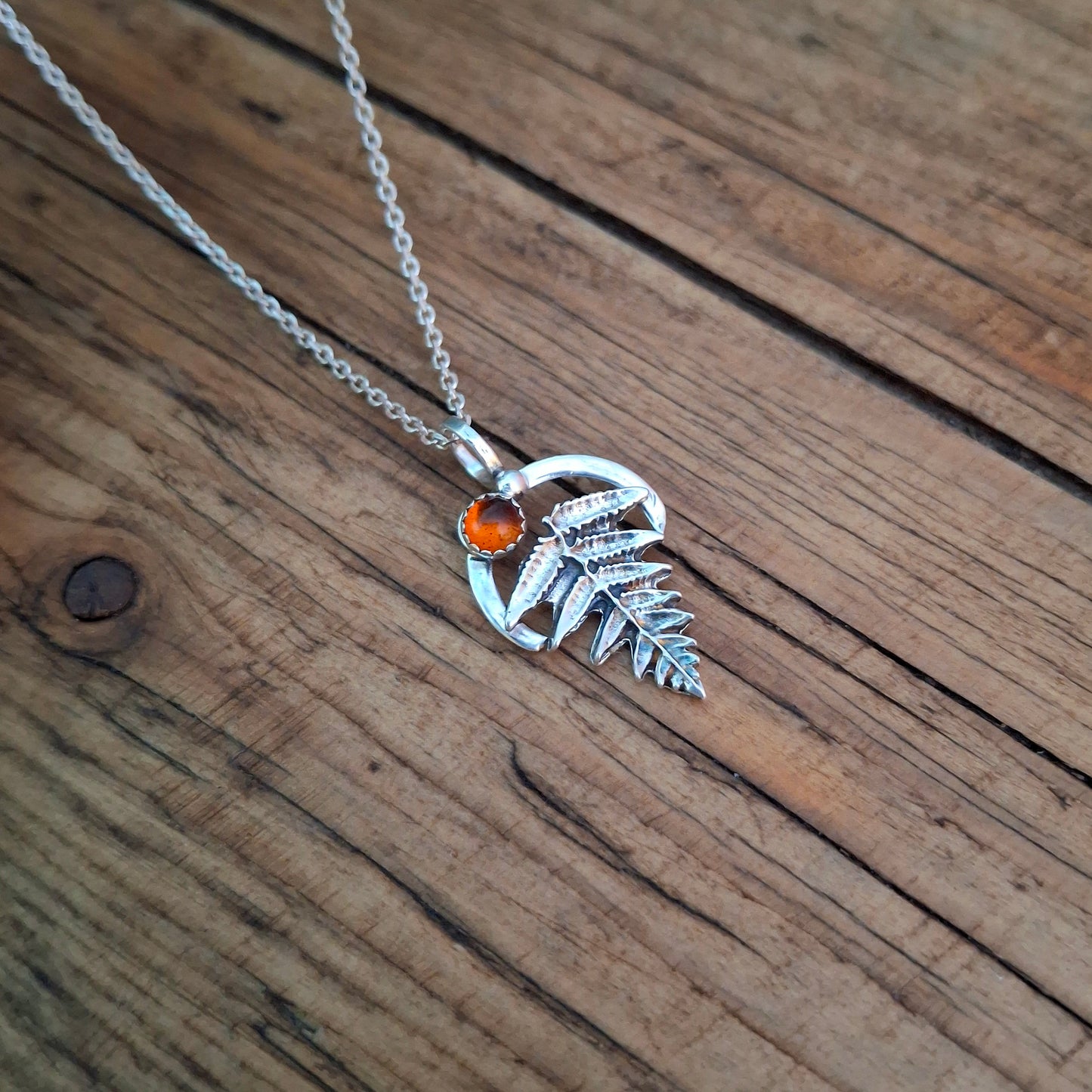 Handmade Silver Fern Leaf and Amber Necklace