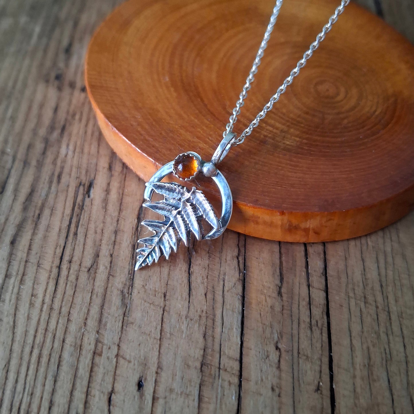 Handmade Silver Fern Leaf and Amber Necklace