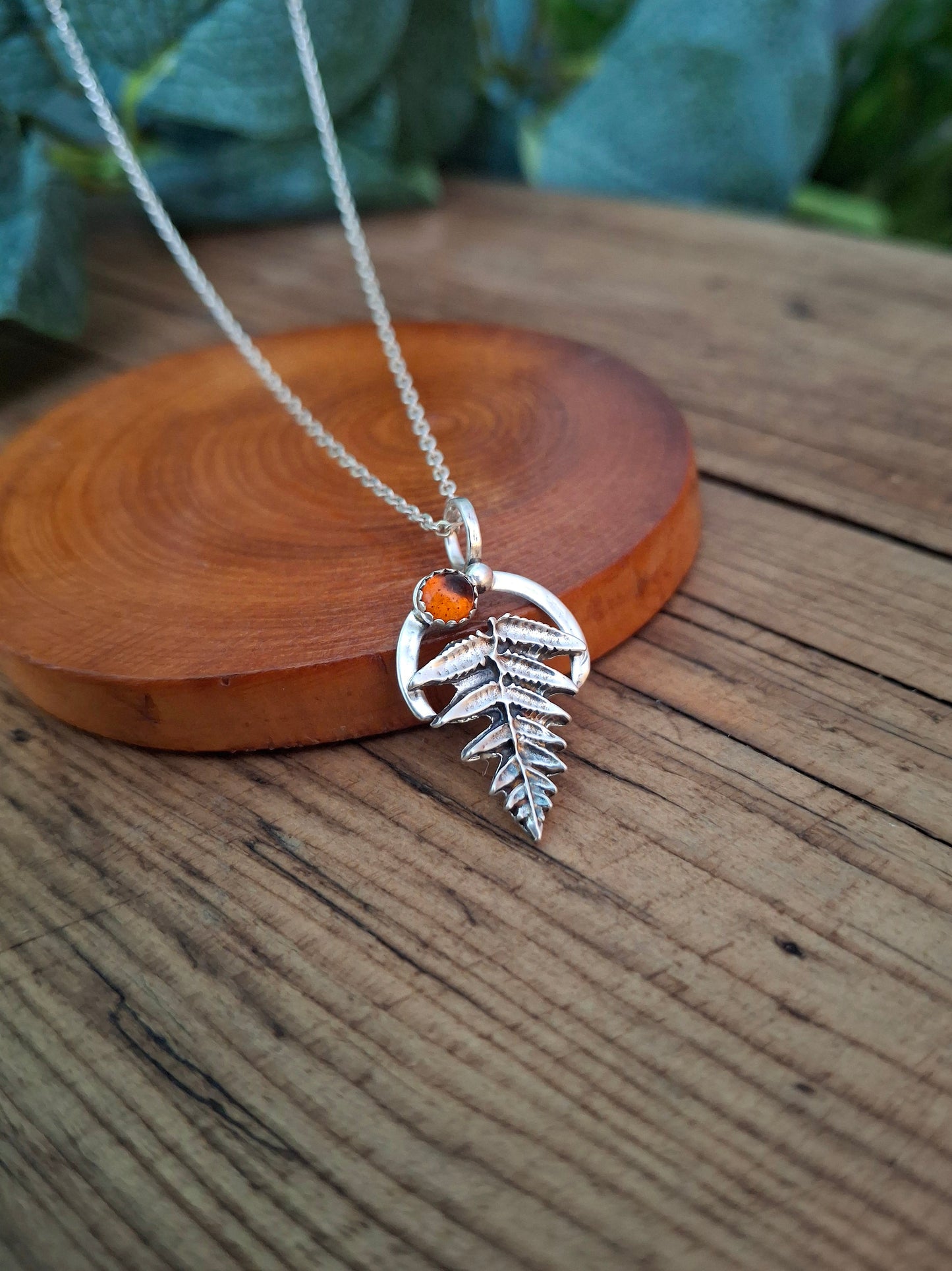 Handmade Silver Fern Leaf and Amber Necklace