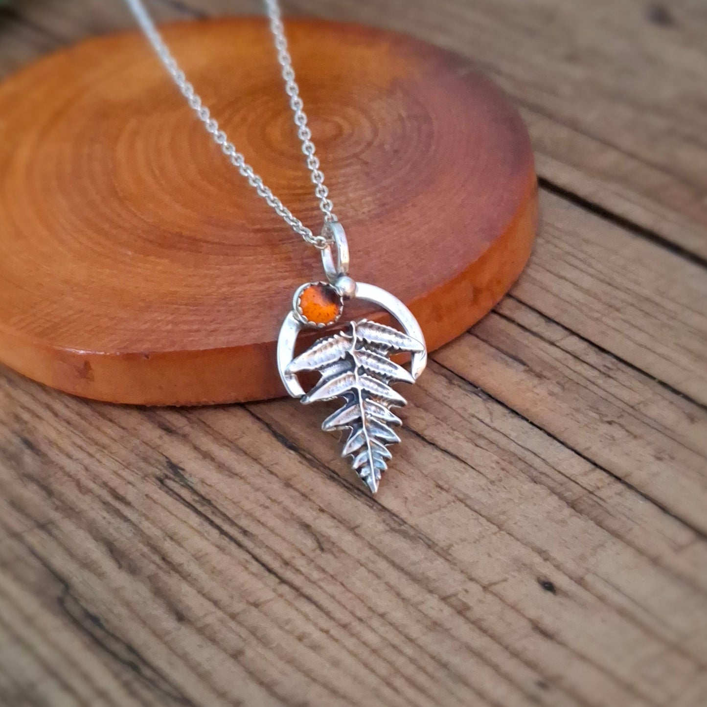 Handmade Silver Fern Leaf and Amber Necklace