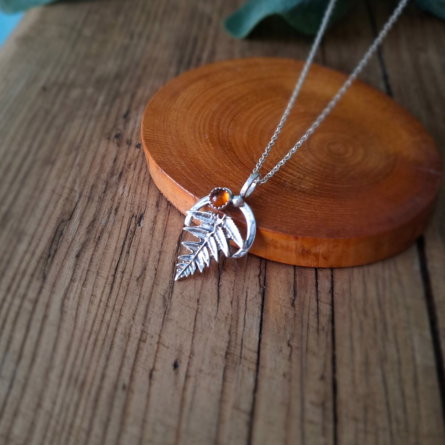 Handmade Silver Fern Leaf and Amber Necklace